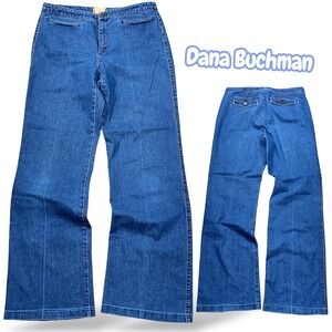 Dana Buchman Wide Leg Denim Trousers Blue Cotton Linen Blend Size 8 29